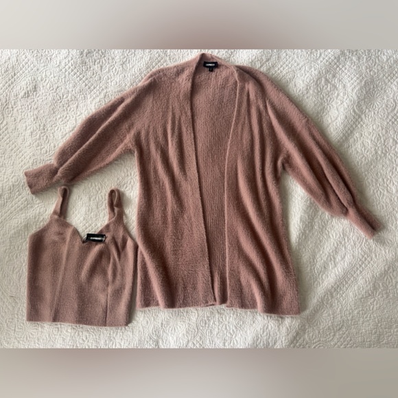 Express Dusty Pink TankTop Cami (NWT) and Cardigan Soft and Furry Sweater Set - Picture 2 of 11